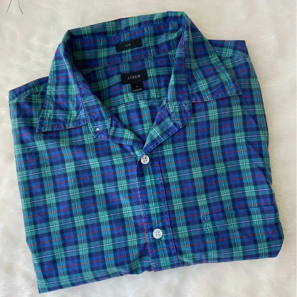 J.Crew Dress Shirt Slim Fit Green Blue Plaid Size‎ Medium Adult Mens